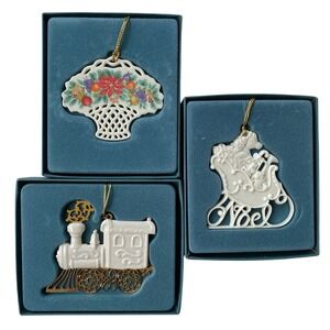 Vintage Lenox Porcelain Christmas Ornaments Bundle of 3 Noel Sleigh Train Basket